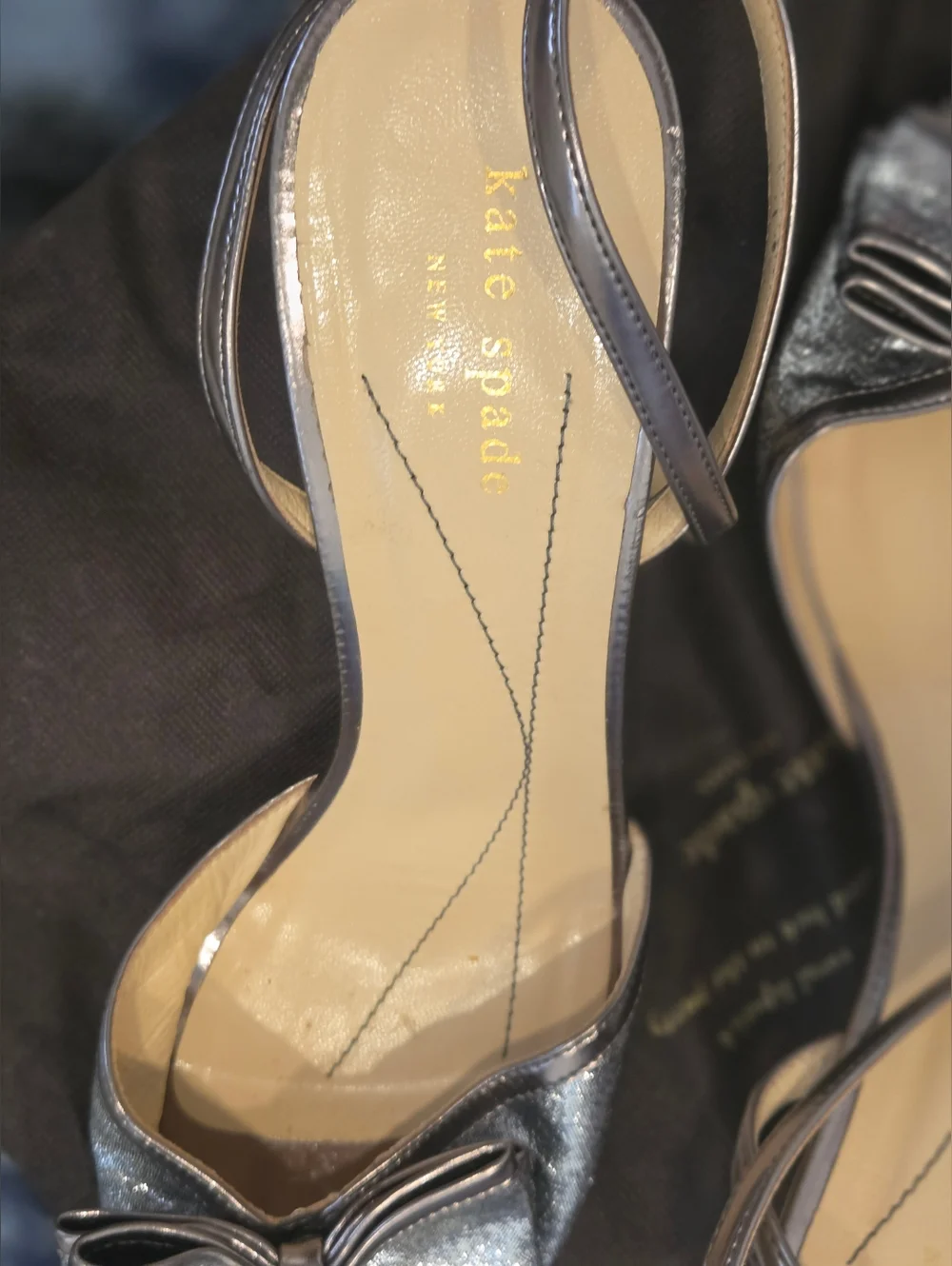 Kate Spade Pewter Metallic Leather Bow Slingback heels Size 8.5